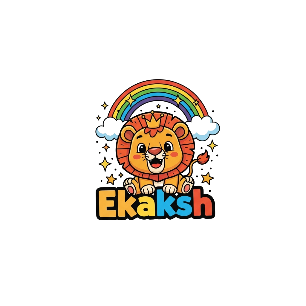Custom design: A super cute, friendly cartoon lion cub with a playful expression, wearing a tiny crown, surrounded by sparkling star...