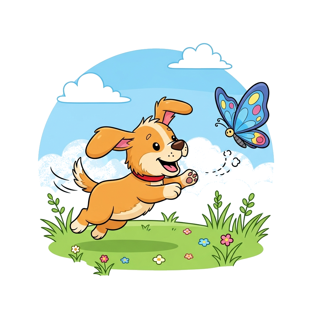Custom design: A super cute cartoon golden retriever puppy joyfully chasing a colorful butterfly through a sunny meadow, with bright...