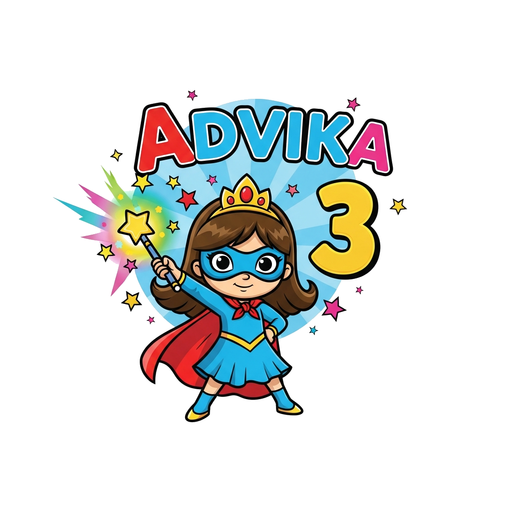 Custom design: A cute cartoon princess wearing a superhero mask and cape, holding a magical wand that glows with colorful energy, st...