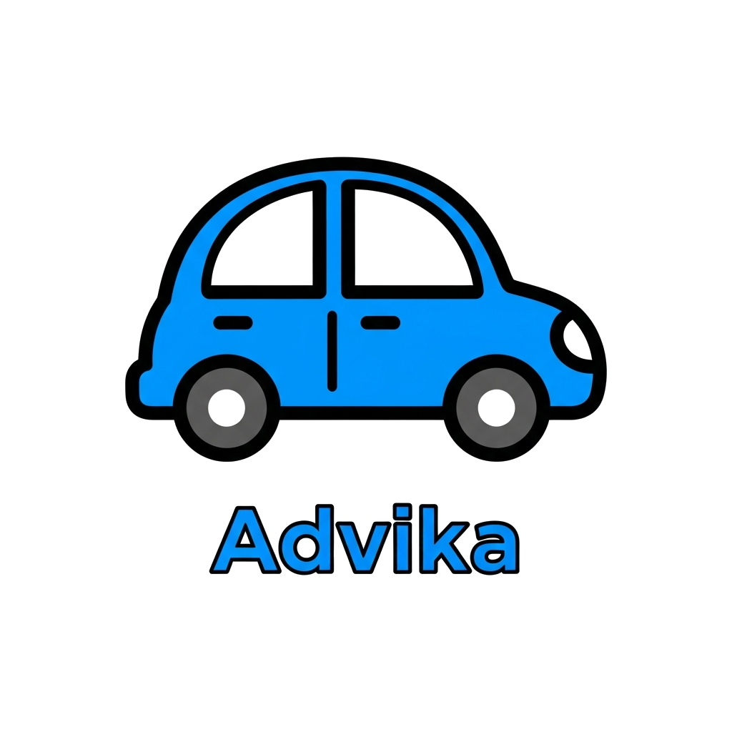 Custom design: A minimalist line art illustration of a cheerful, simple blue car, with the name 'Advika' elegantly integrated below ...