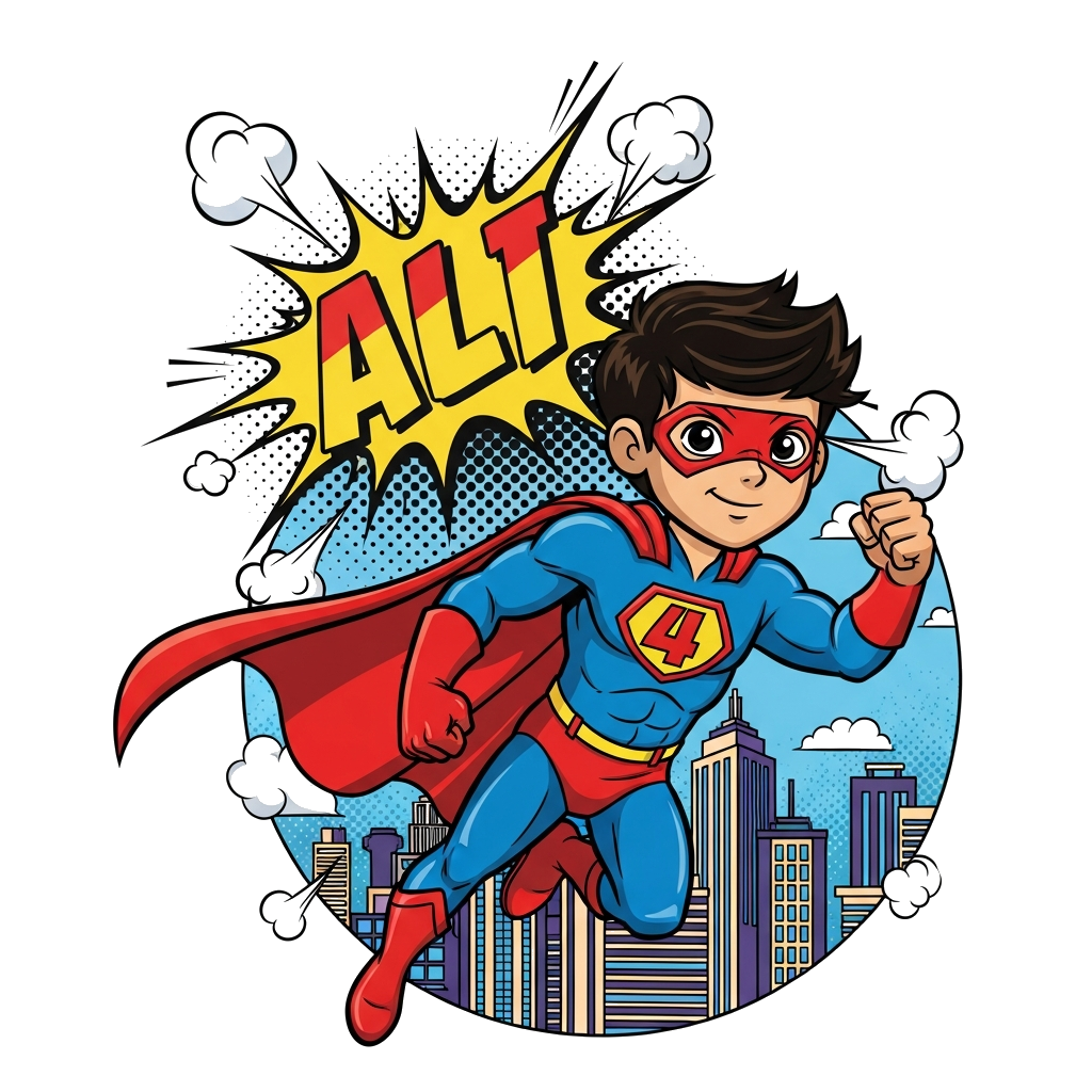 Custom design: A dynamic illustration of a young superhero character, resembling a boy named Ali, flying powerfully through a styliz...
