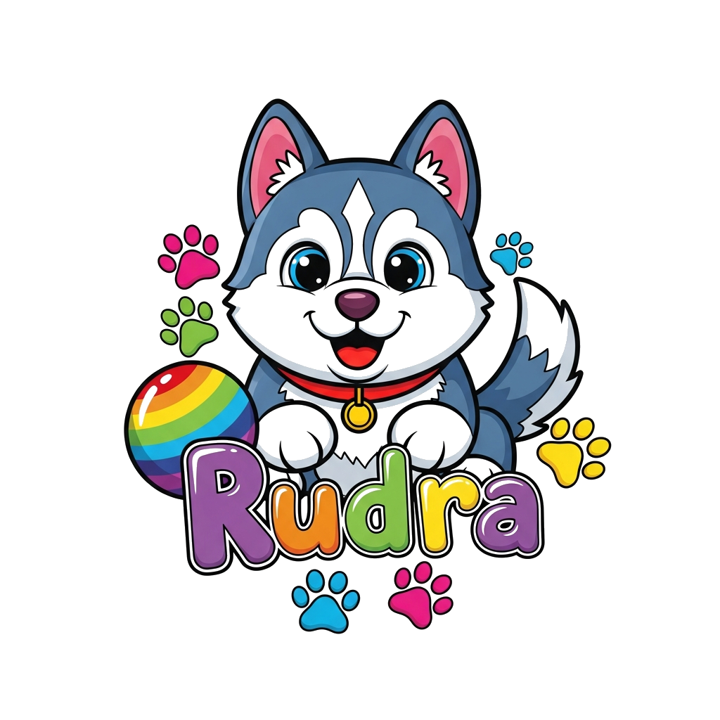 Custom design: A super cute, playful cartoon husky puppy with bright blue eyes, surrounded by colorful paw prints and a rainbow-colo...