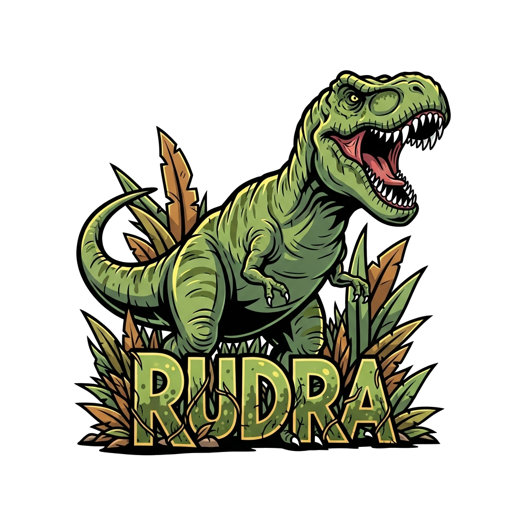 Custom design: A majestic Tyrannosaurus Rex in a lush prehistoric jungle, roaring powerfully, with the name 'Rudra' subtly integrate...