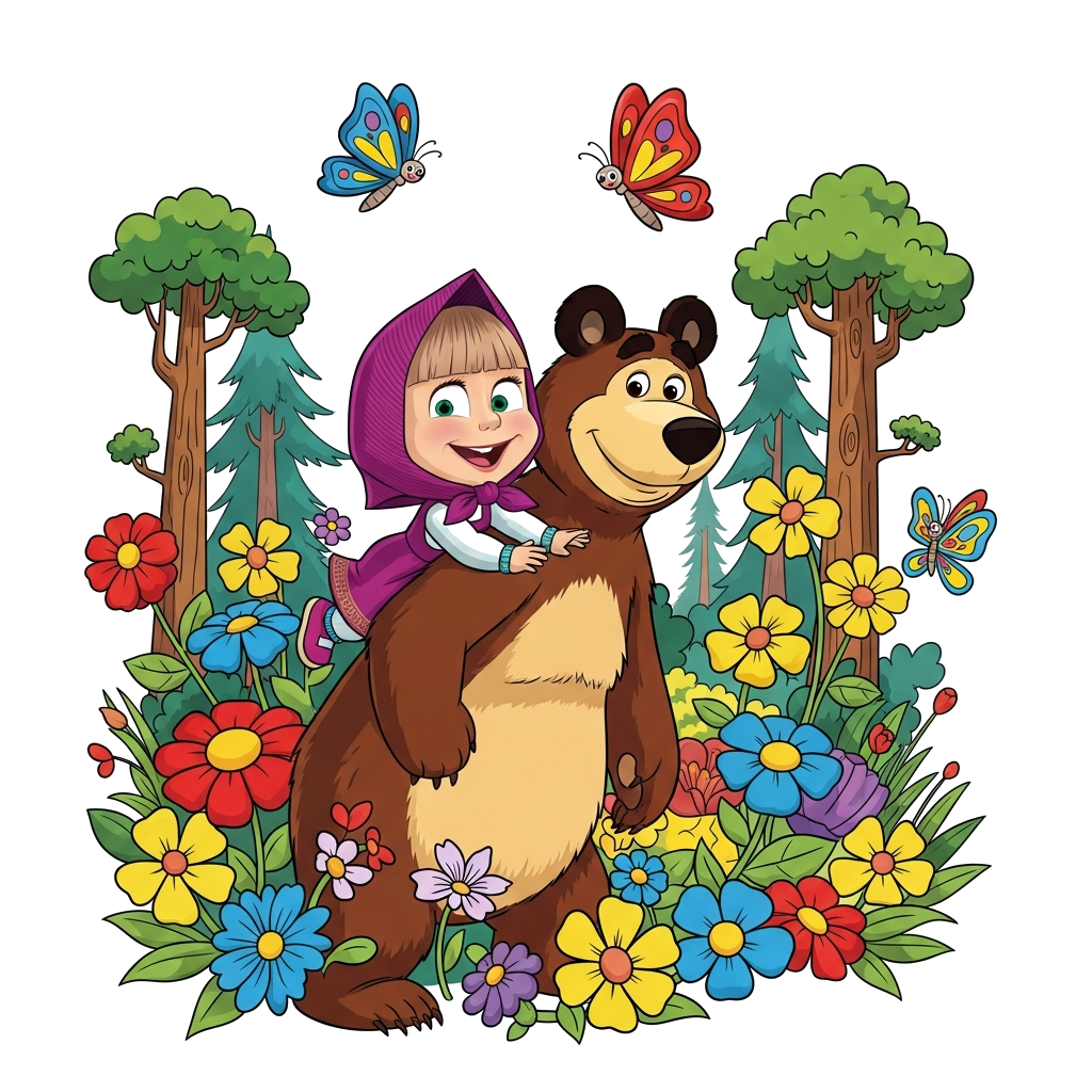 Custom design: A cheerful Masha riding on Bear's back through a vibrant, whimsical forest, surrounded by colorful flowers and playfu...