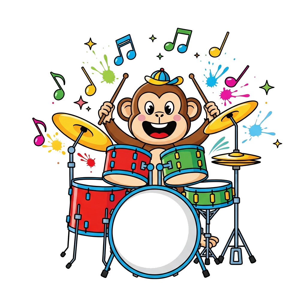 Custom design: A cheerful cartoon monkey playing a brightly colored drum set, surrounded by floating musical notes, paint splatters,...