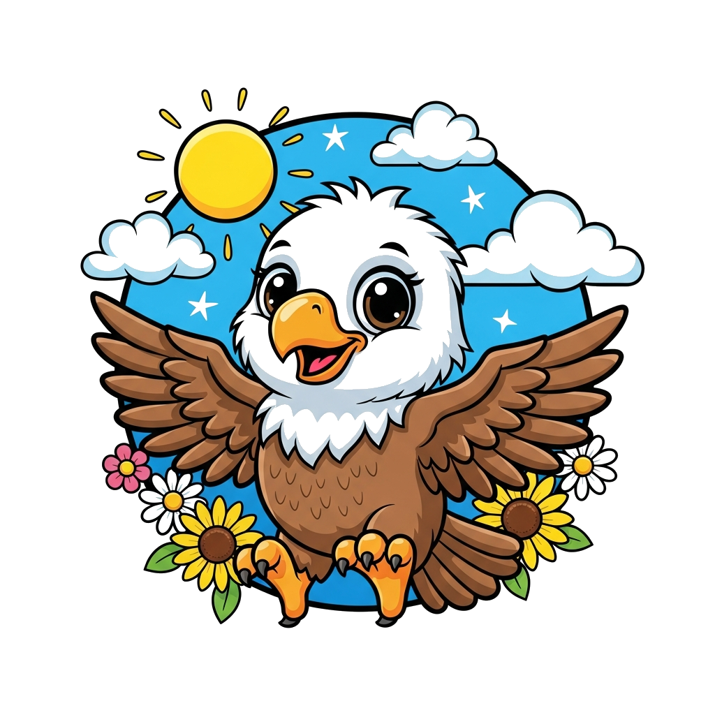 Custom design: A cheerful, cartoon baby eagle with large, friendly eyes, soaring through a bright blue sky with fluffy white clouds ...