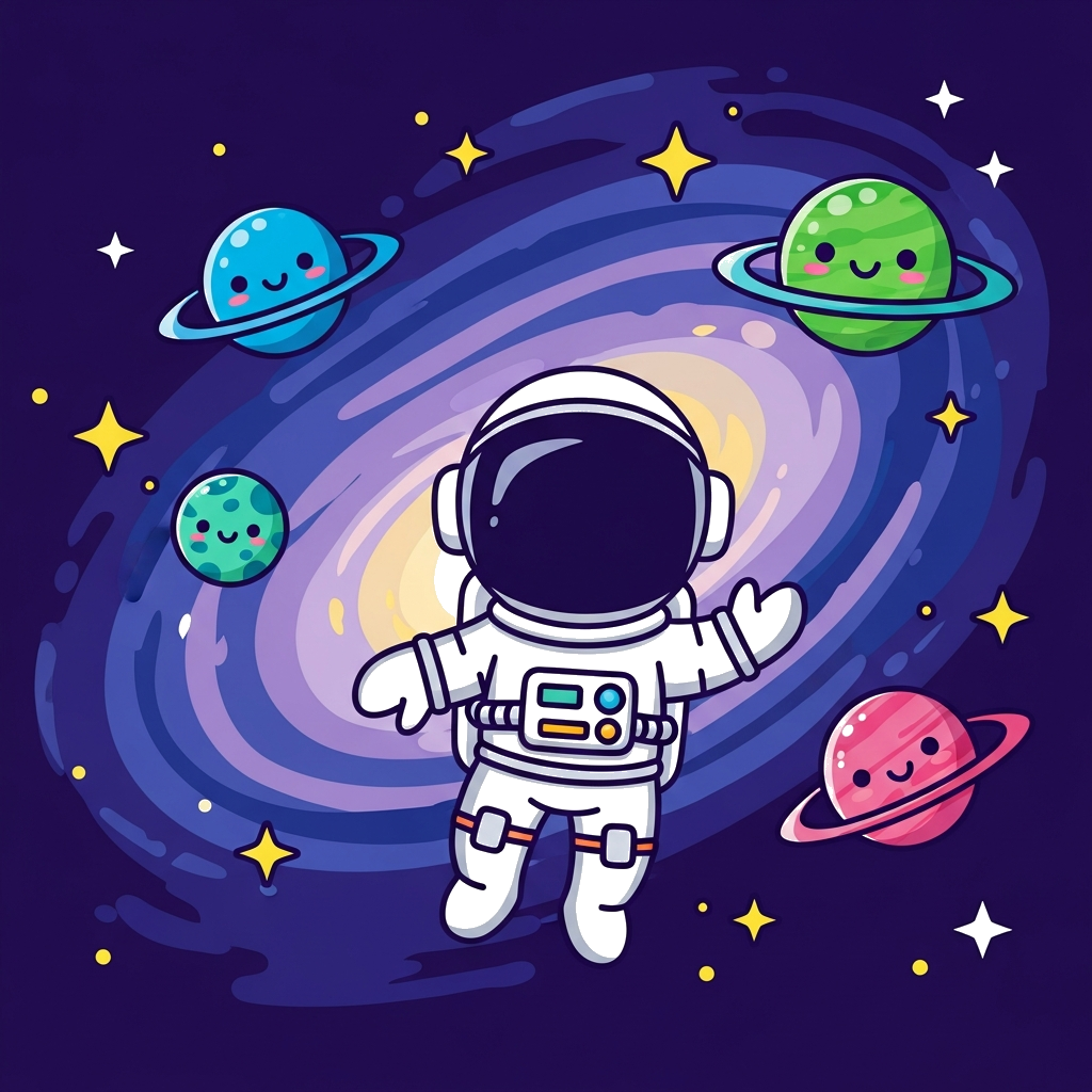 Custom design: A cute cartoon astronaut floating in a vibrant galaxy, surrounded by friendly planets and sparkling stars, in a playf...