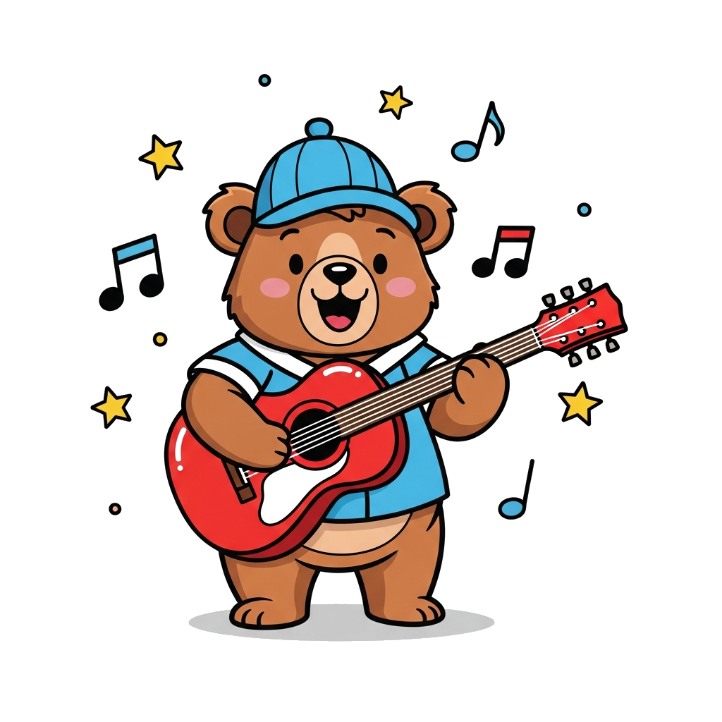 Custom design: A cheerful cartoon bear playing a bright red guitar, surrounded by floating musical notes and stars, in a playful and...