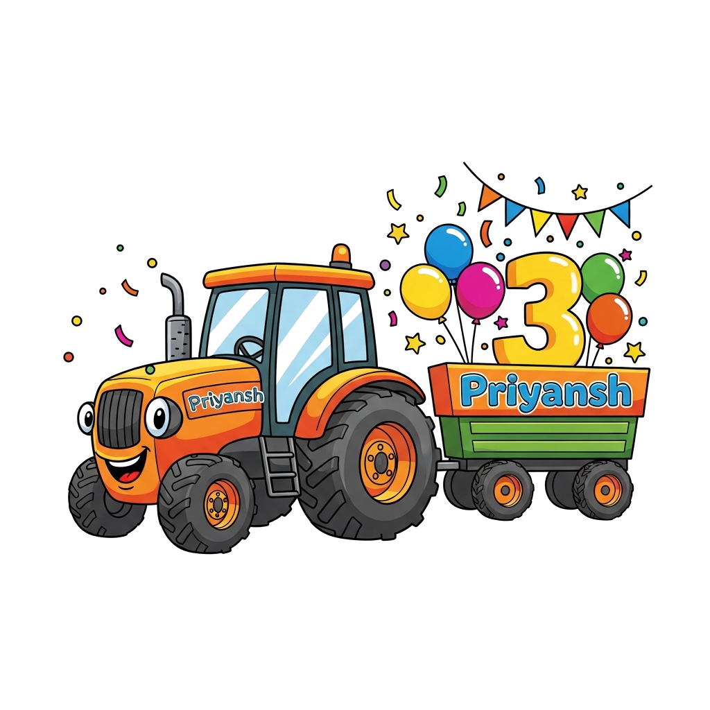 Custom design: A vibrant cartoon illustration of a happy, friendly tractor pulling a festive wagon filled with colorful balloons and...