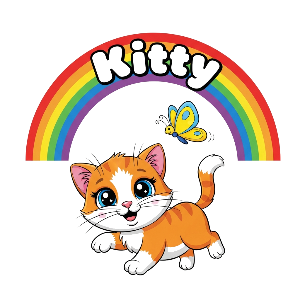 Custom design: A super cute, happy cartoon kitten with big sparkling eyes, playfully chasing a butterfly, vibrant and cheerful color...