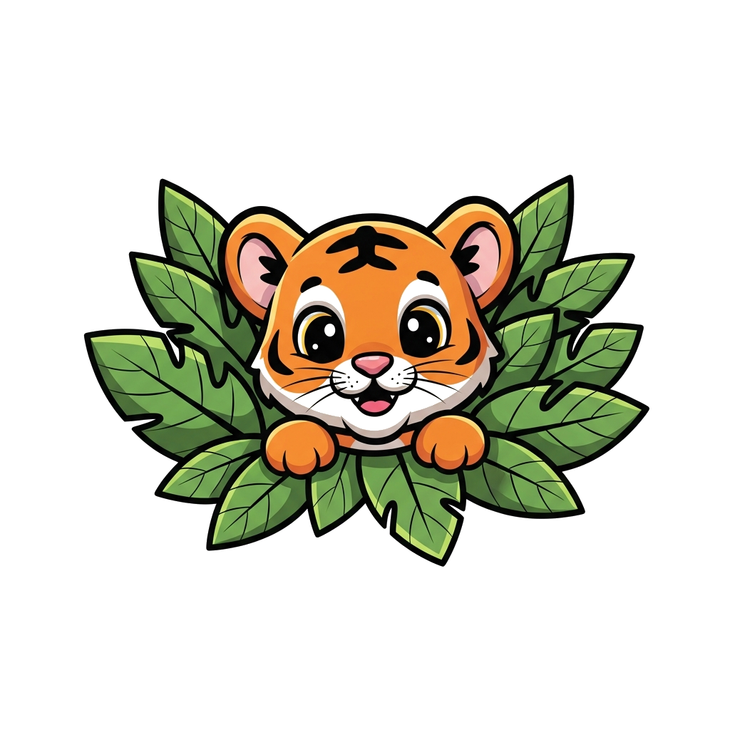 Custom design: A super cute, friendly cartoon tiger cub with big, expressive eyes, playfully peeking out from behind lush green jung...