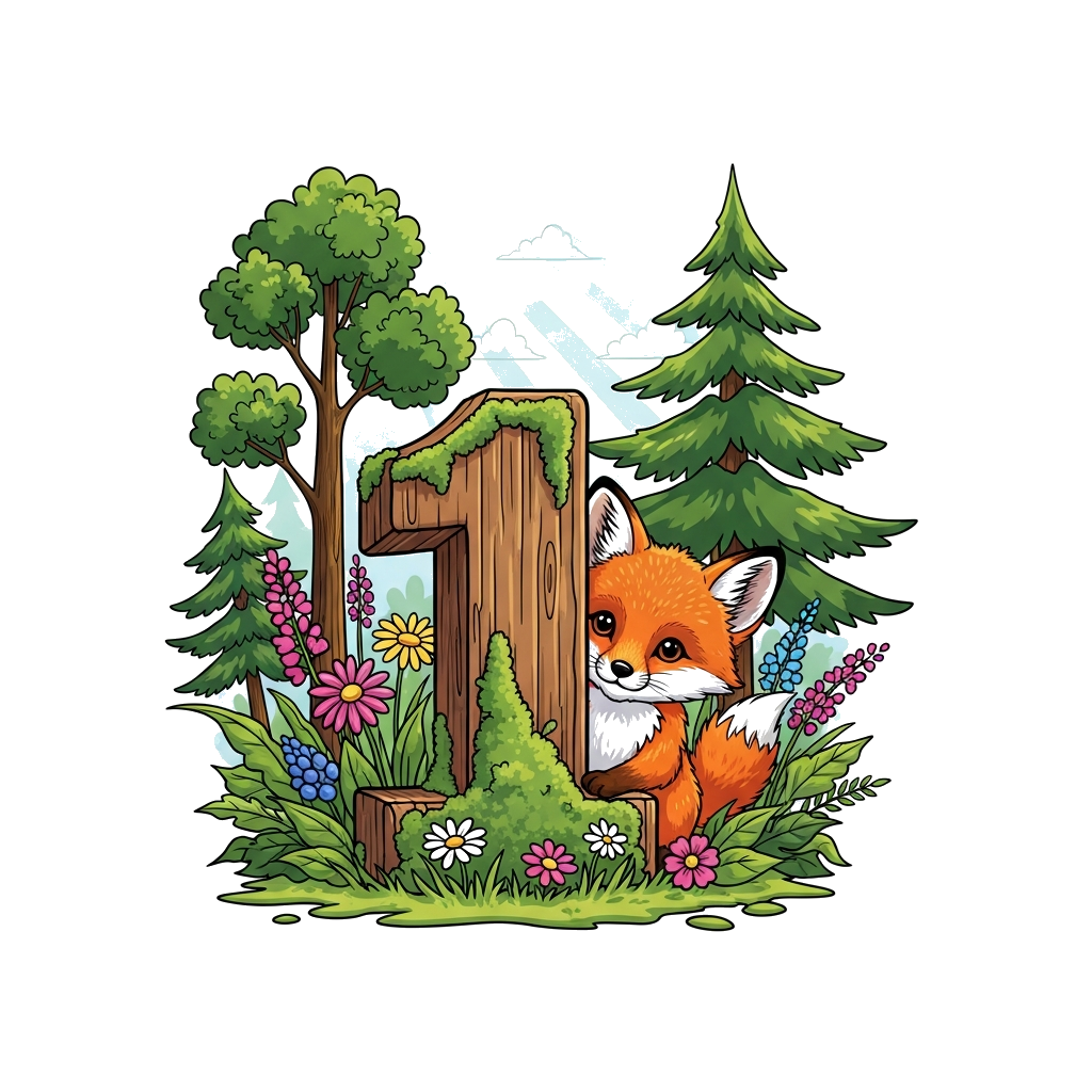 Custom design: A charming illustration of a baby fox peeking out from behind a large, mossy '1' carved from wood, surrounded by vibr...