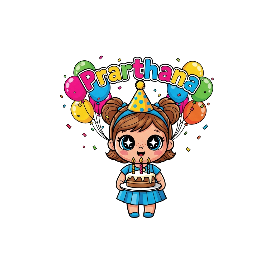 Custom design: A super cute cartoon doll with big, sparkling eyes, holding a slice of birthday cake with 3 candles, surrounded by co...
