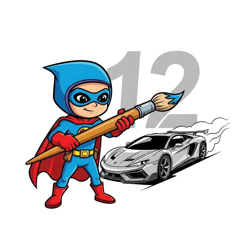 Custom design: A dynamic illustration of a stylized, cool superhero character, holding a large paintbrush or a digital stylus, activ...