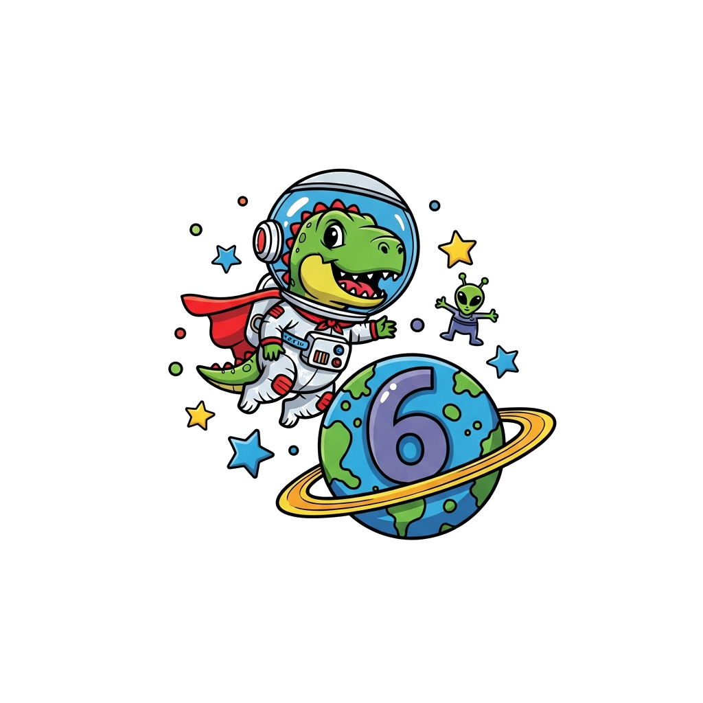 Custom design: A cute cartoon baby T-Rex astronaut wearing a tiny superhero cape, floating in space next to a planet shaped like the...