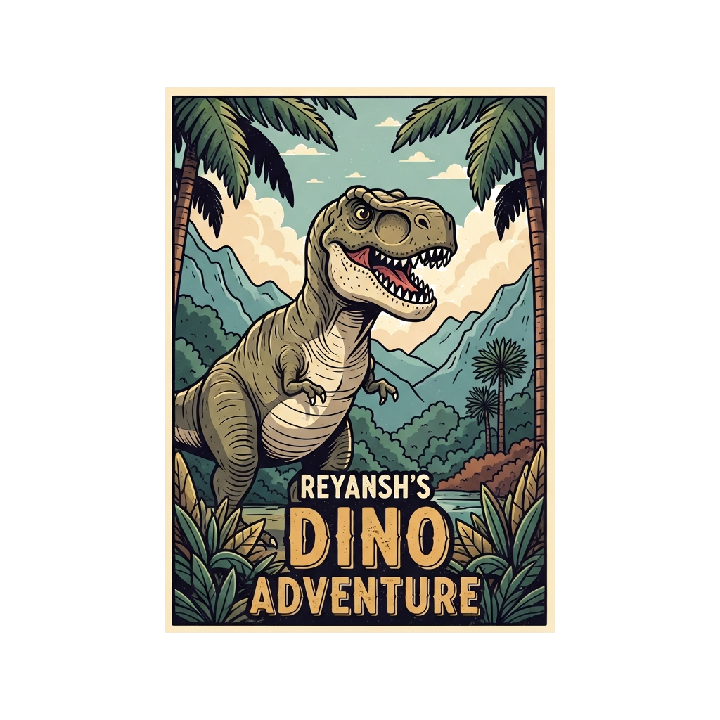 Custom design: A whimsical vintage travel poster illustration featuring a friendly, stylized Tyrannosaurus Rex in a lush, retro-styl...