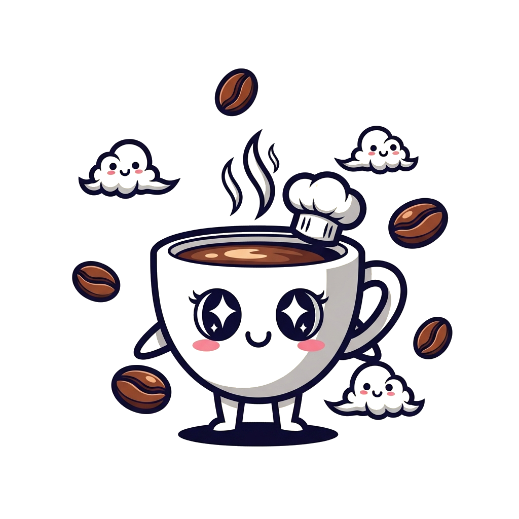 Custom design: A super cute, friendly cartoon coffee mug character with big, sparkling eyes, wearing a tiny chef's hat, surrounded b...