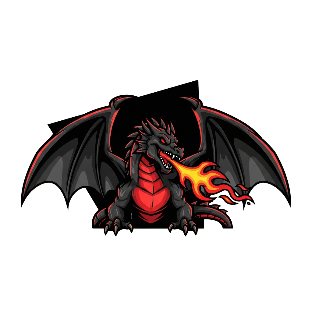 Custom design: A powerful, stylized black and red dragon with wide, majestic wings spread, breathing a vibrant red and orange fire. ...