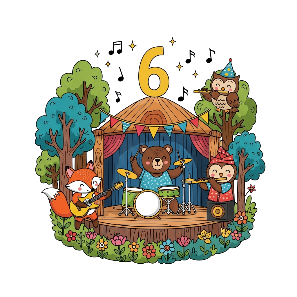 Custom design: A vibrant cartoon illustration of a joyful outdoor music festival for a 6-year-old. Cute forest animals like a fox, b...