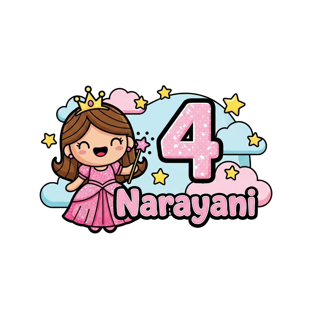 Custom design: A cute, cartoon princess character with a big smile, wearing a sparkling pink gown and a tiny crown, holding a magic ...