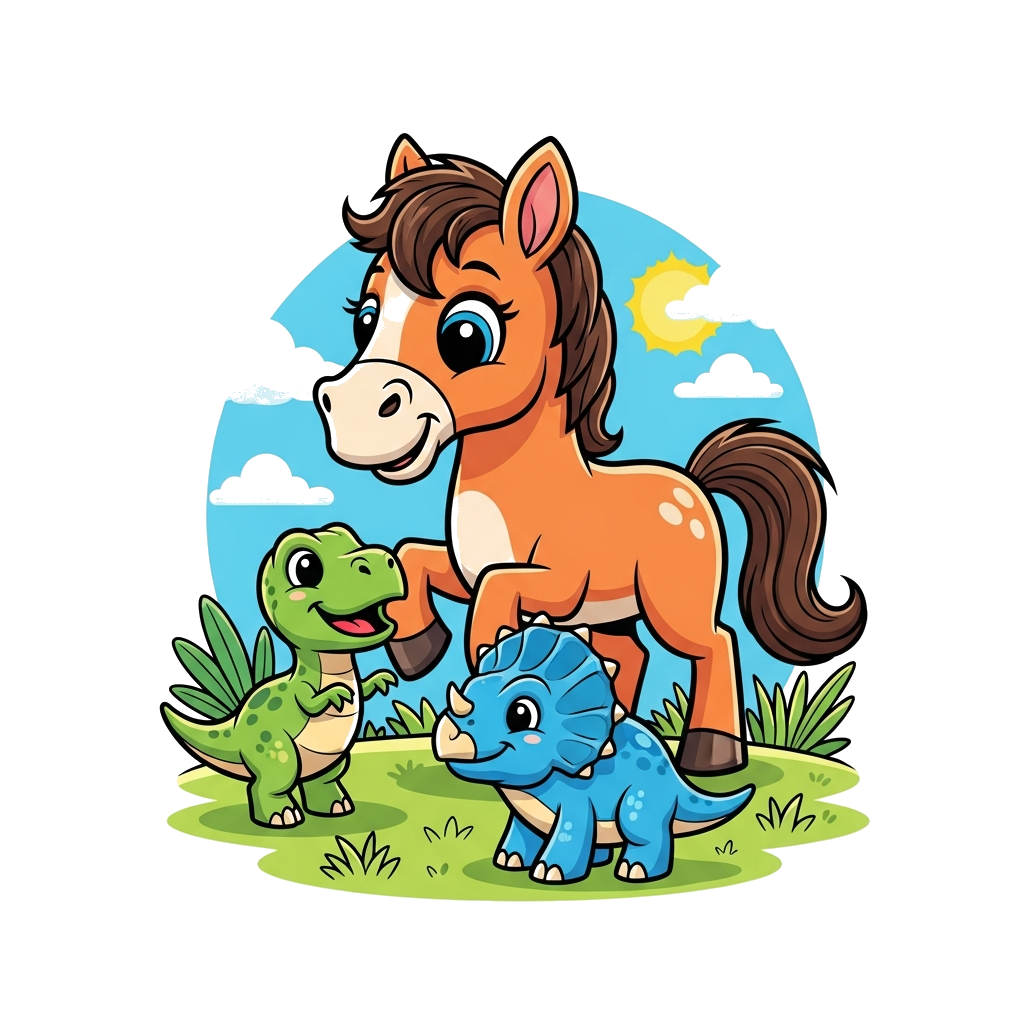 Custom design: A super cute cartoon horse with big friendly eyes, playfully interacting with small, friendly cartoon dinosaurs (like...