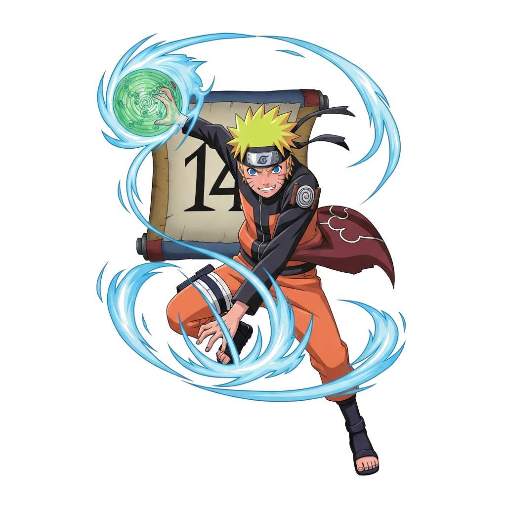 Custom design: A dynamic illustration of Naruto Uzumaki in a powerful action pose, mid-Rasengan, with vibrant chakra energy swirling...