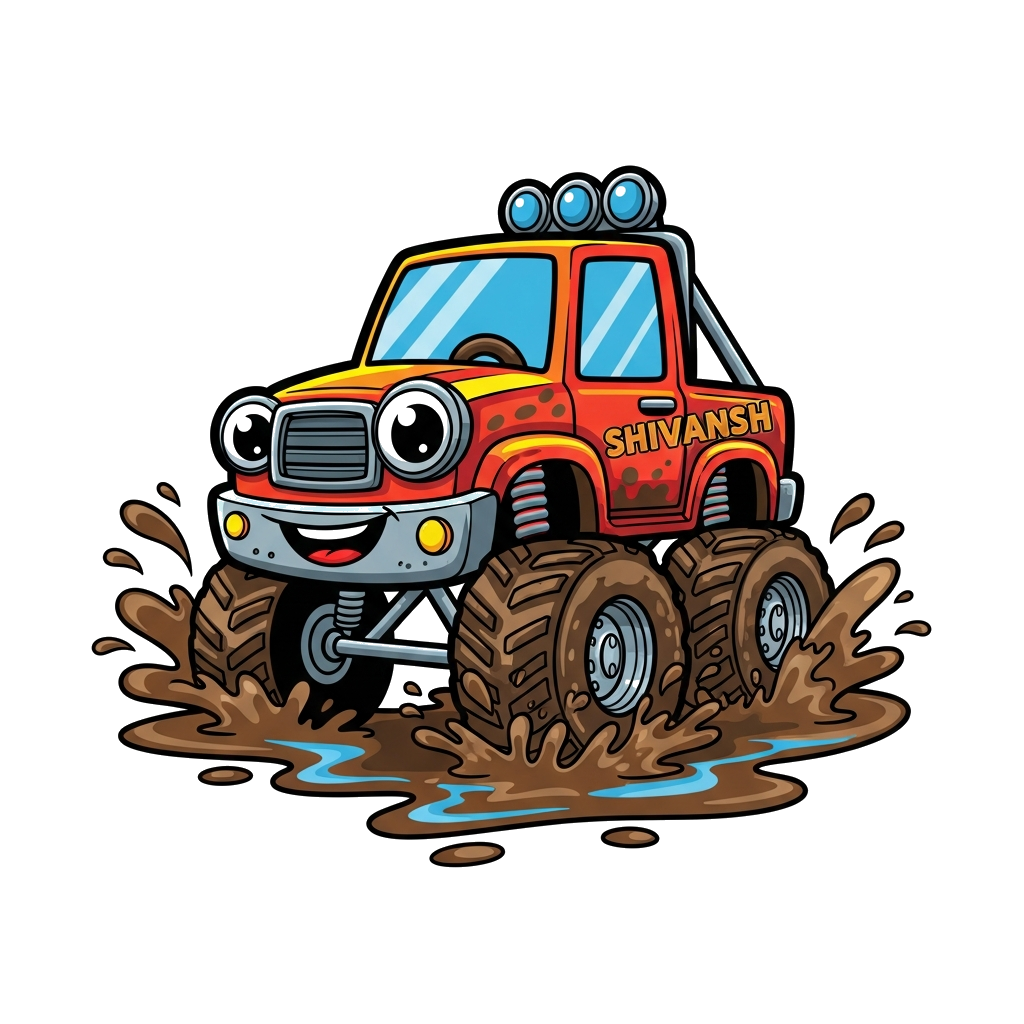 Custom design: A cheerful cartoon monster truck with big friendly eyes, playfully splashing through a mud puddle, with the name 'Shi...