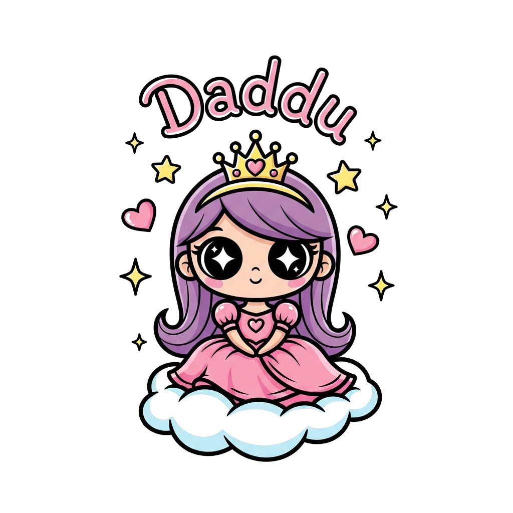 Custom design: A cute cartoon princess character with big, sparkling eyes, wearing a pink gown and a tiny crown, sitting on a fluffy...