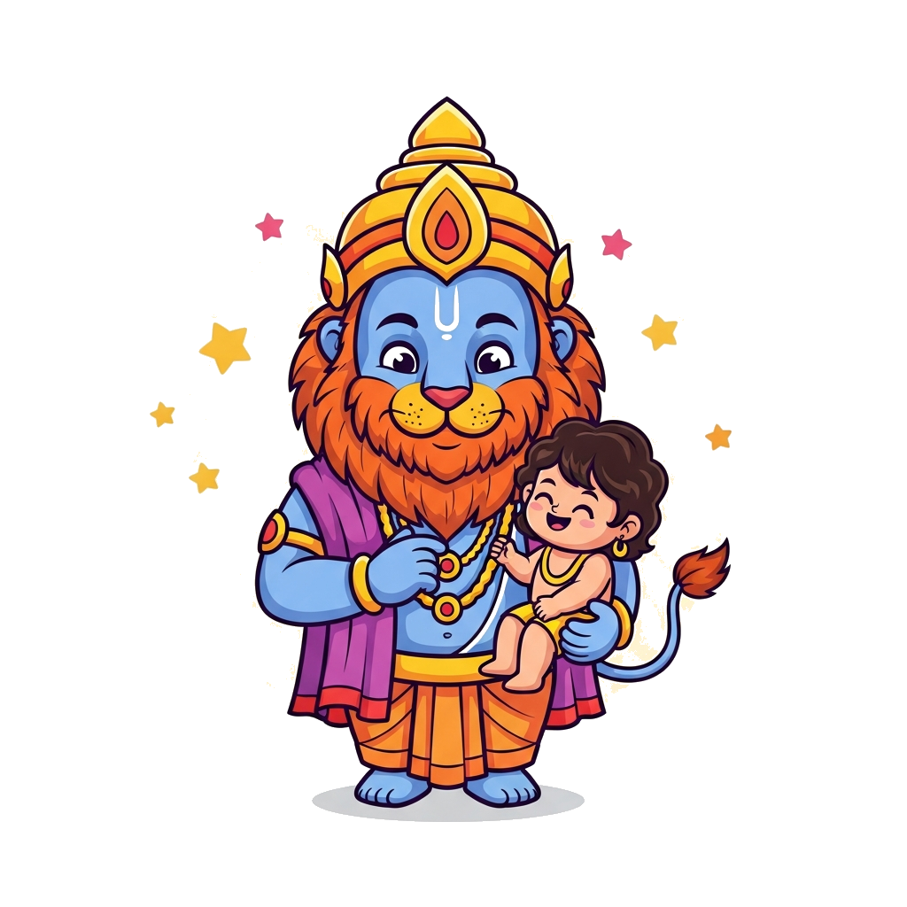 Custom design: A cute and friendly cartoon illustration of Lord Narasimha, with a gentle lion face and human body, smiling warmly, p...