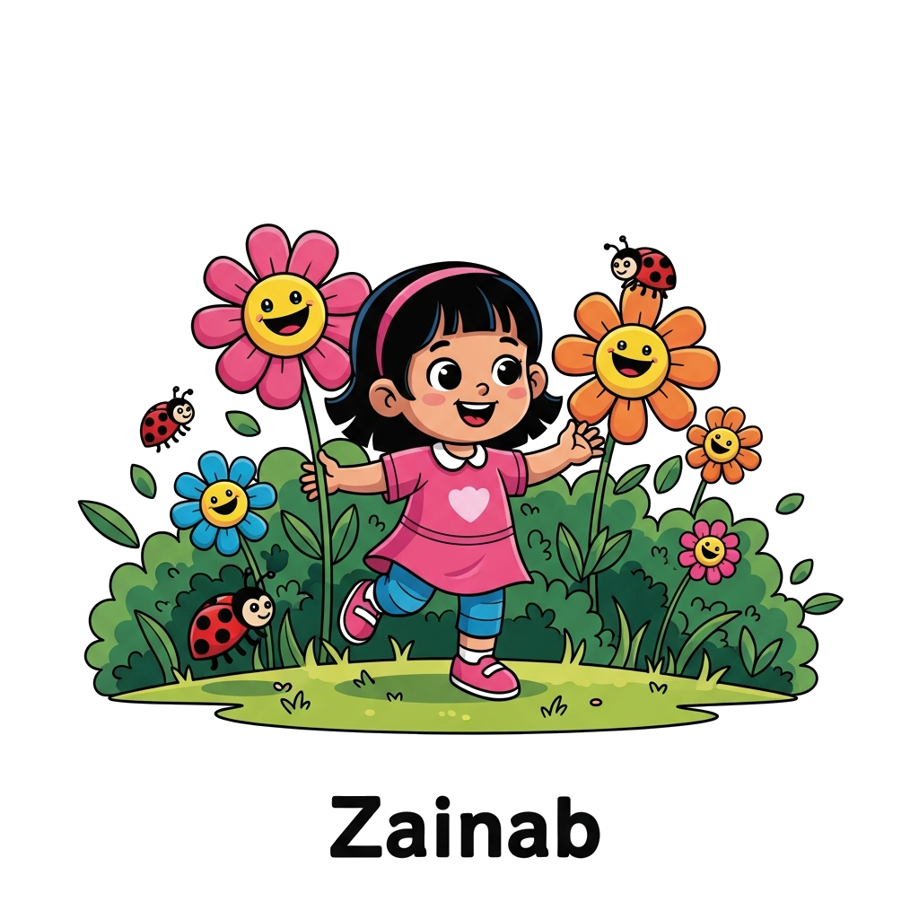 Custom design: A vibrant cartoon illustration of a happy little girl, named Zainab, joyfully exploring a lush garden filled with ove...