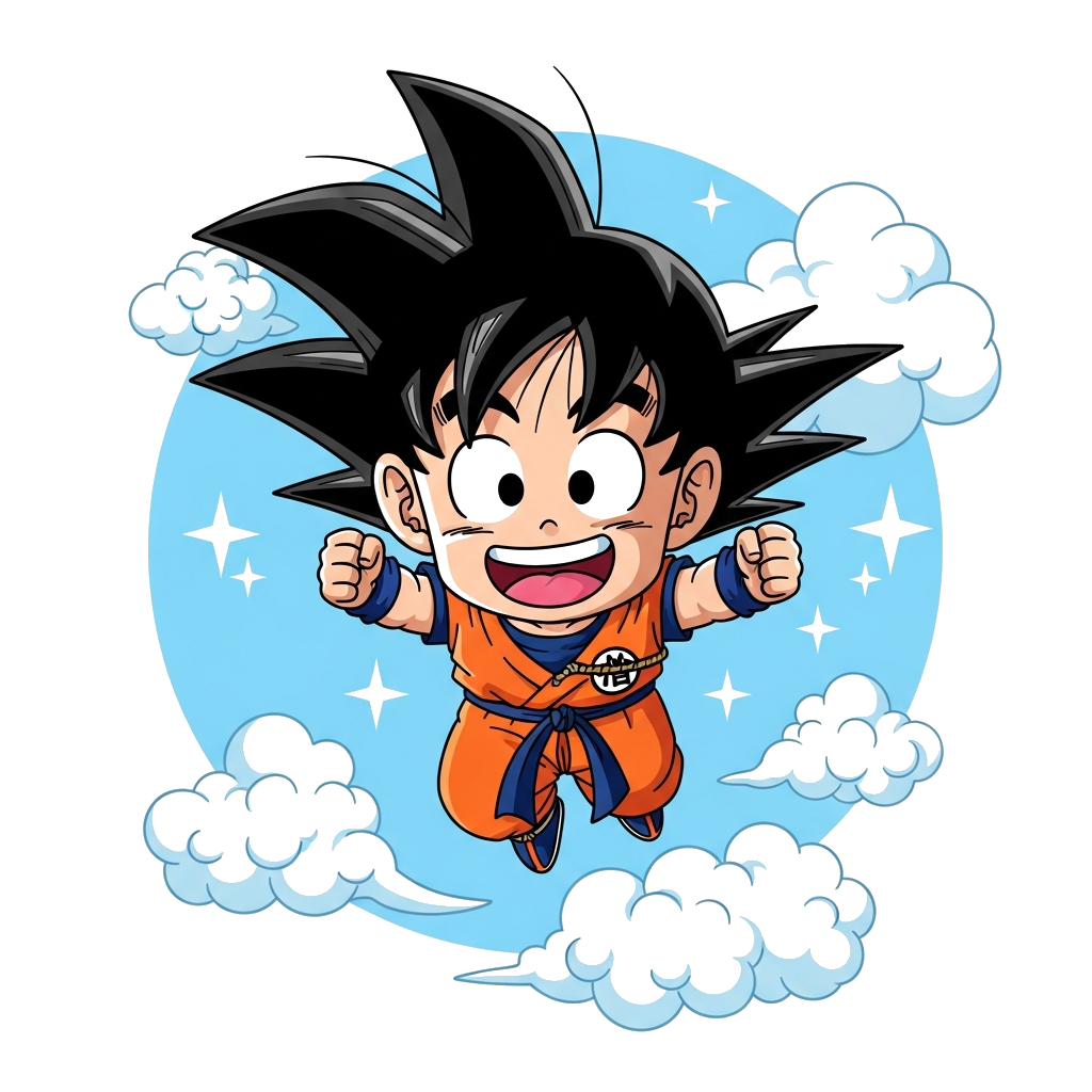 Custom design: A super cute chibi Goku in his classic orange gi, flying through the sky with a big cheerful smile, surrounded by flu...