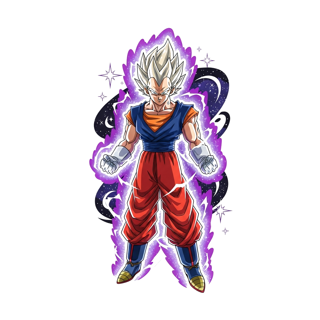 Custom design: A dynamic illustration of Ultra Ego Vegeta in a powerful stance, purple aura and destruction energy radiating around ...