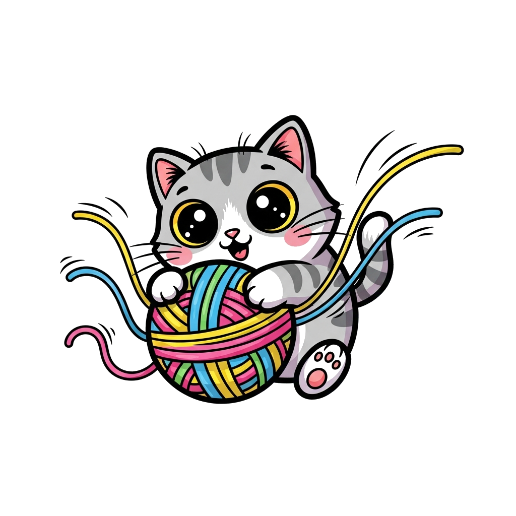 Custom design: A super cute, happy cartoon cat with big eyes, playing with a colorful yarn ball, in a playful, vibrant, and whimsica...