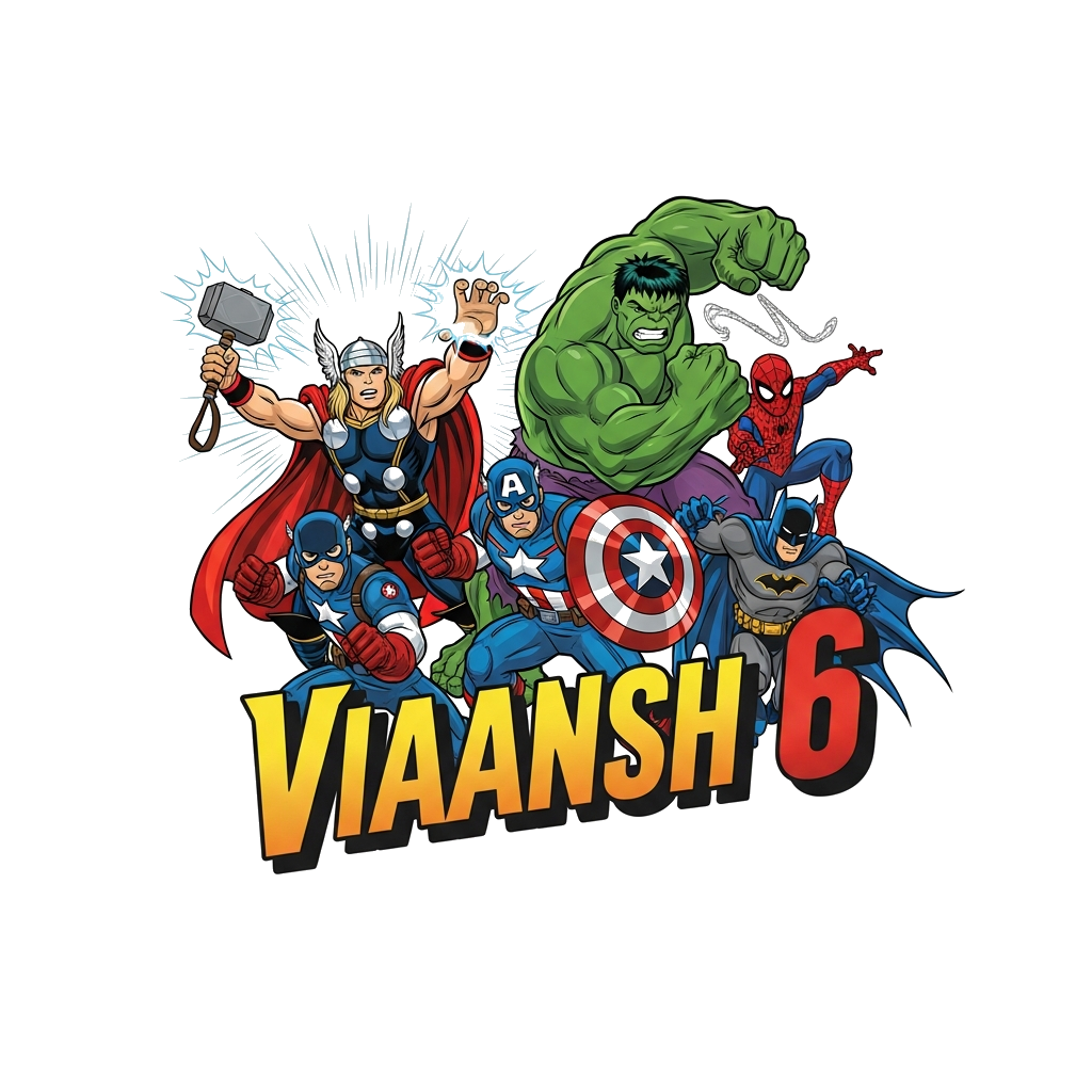 Custom design: A powerful, dynamic illustration featuring Thor, Hulk, Captain America, Spider-Man, and Batman in heroic action poses...