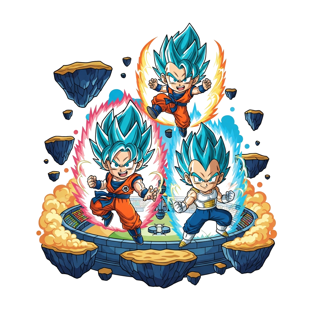 Custom design: A vibrant, cartoon-style illustration of the iconic Tournament of Power arena with its floating rock platforms. Cute,...