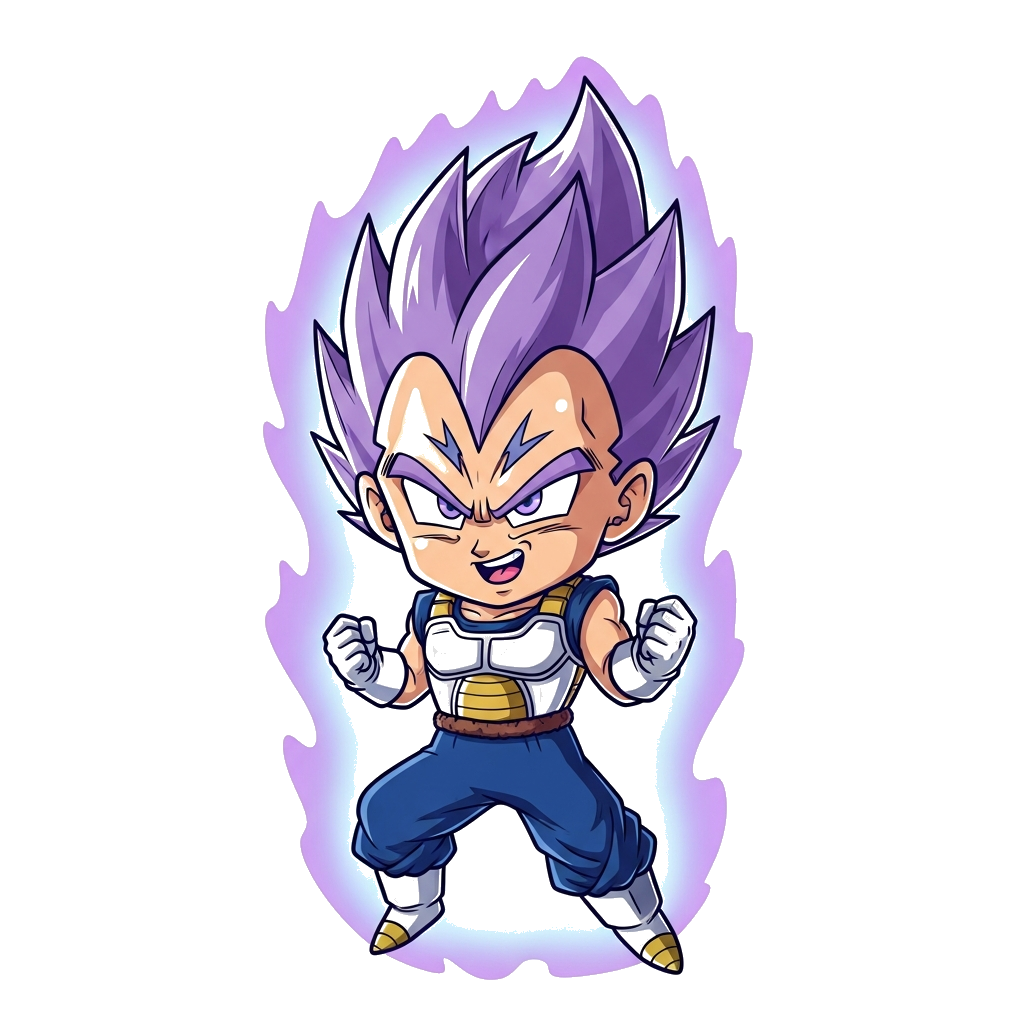 Custom design: A cute chibi Ultra Ego Vegeta with a determined but friendly expression, surrounded by a soft, glowing purple and blu...