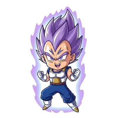 Design: A cute chibi Ultra Ego Vegeta with a determined but friendly expression, surr...