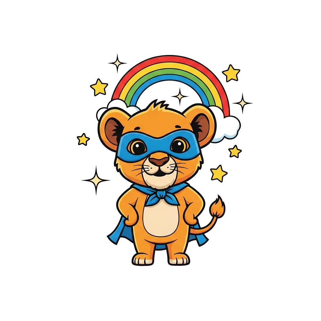 Custom design: A super cute baby lion cub wearing a tiny, playful superhero mask and cape, standing confidently with a friendly smil...