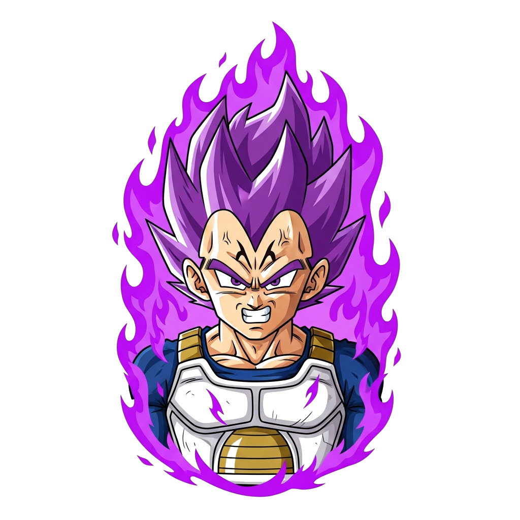 Custom design: Ultra ego vegeta with angry look and purple fire background 