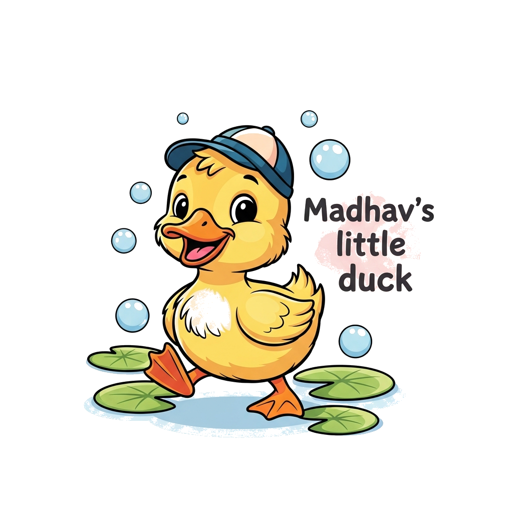 Custom design: A charming cartoon baby duck illustration, happily waddling with a little cap, surrounded by gentle bubbles and lily ...