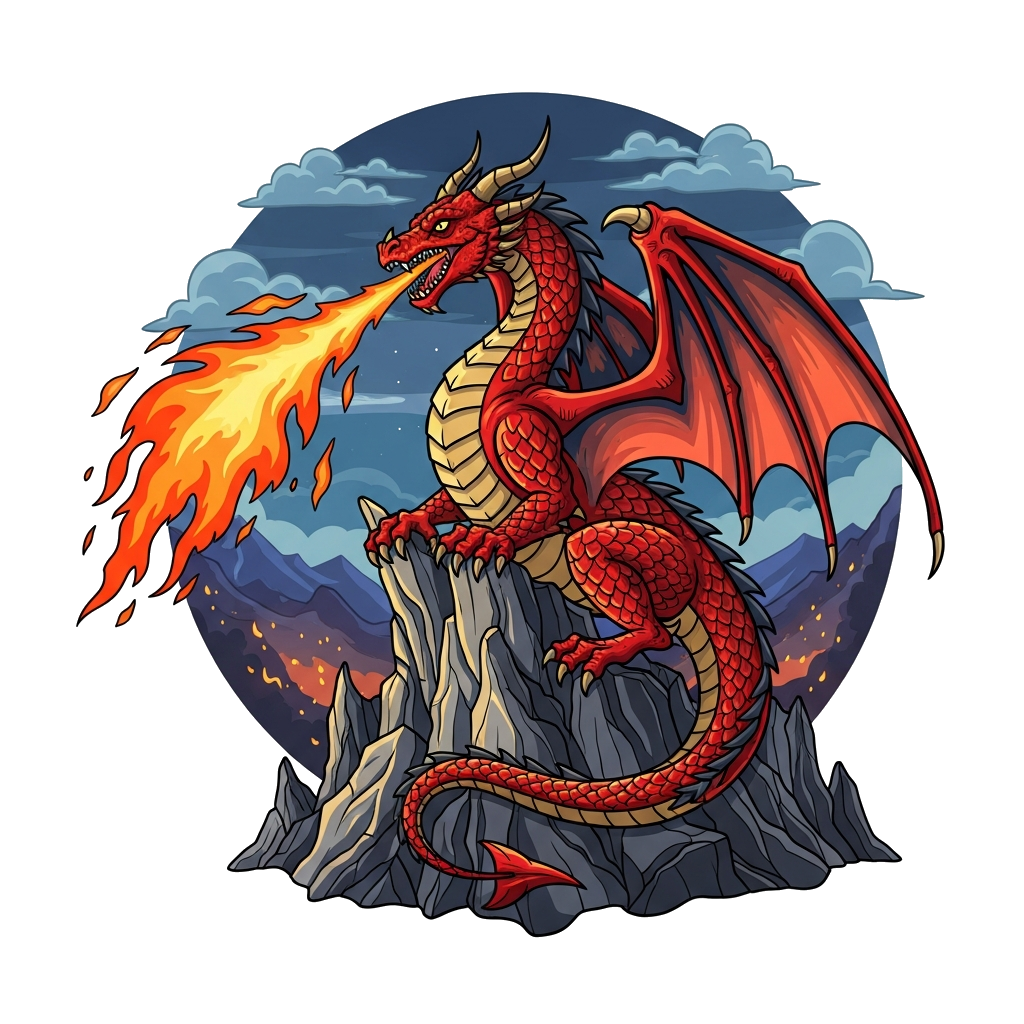 Custom design: A magnificent red and black dragon with intricate scales, perched atop a jagged, ancient mountain peak, breathing a v...