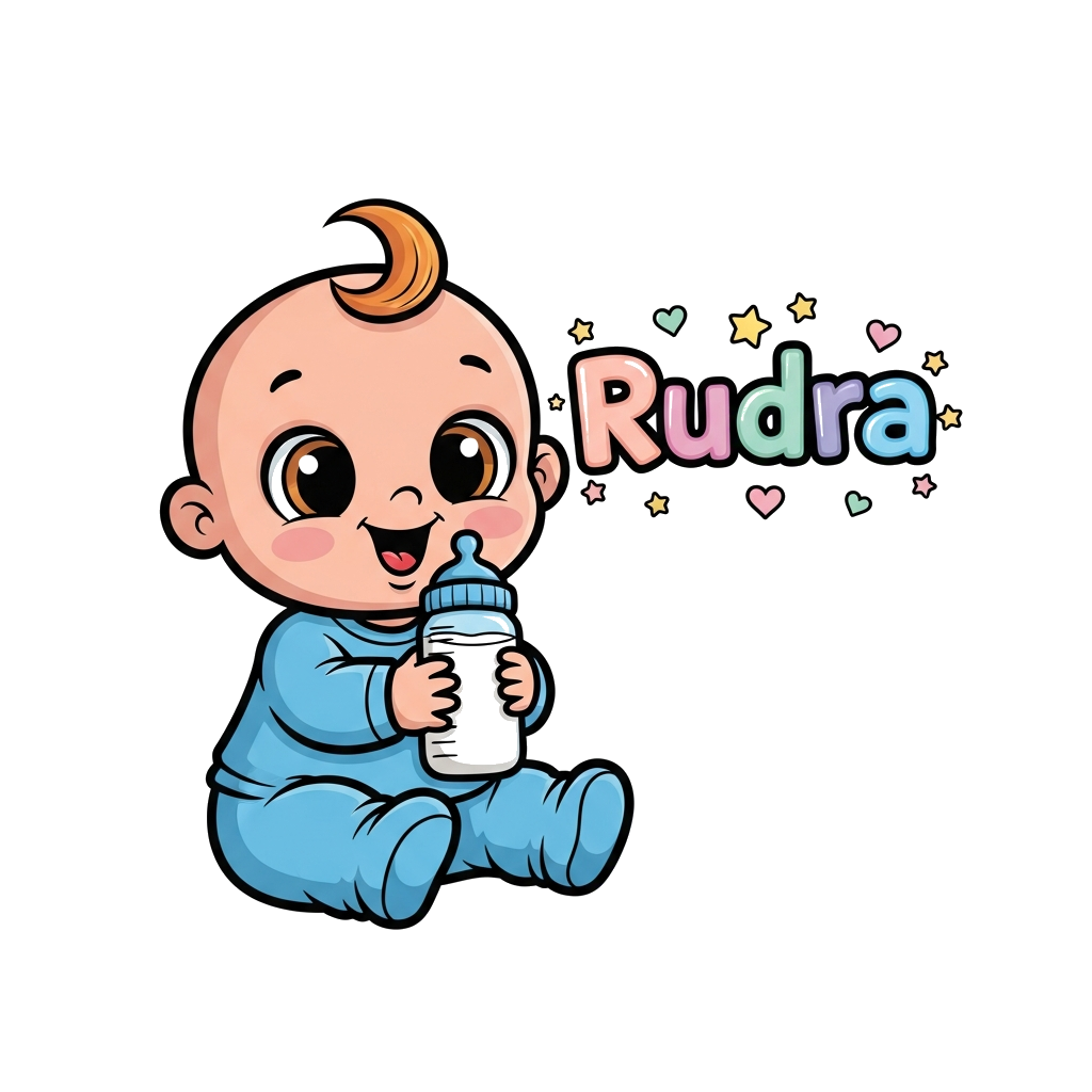 Custom design: A super cute baby character, with big expressive eyes, happily holding a milk bottle. The name "Rudra" is playfully i...