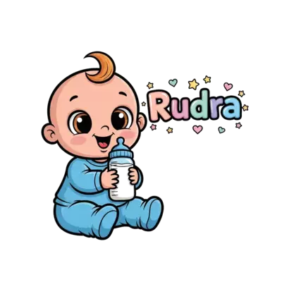 Design: A super cute baby character, with big expressive eyes, happily holding a milk...