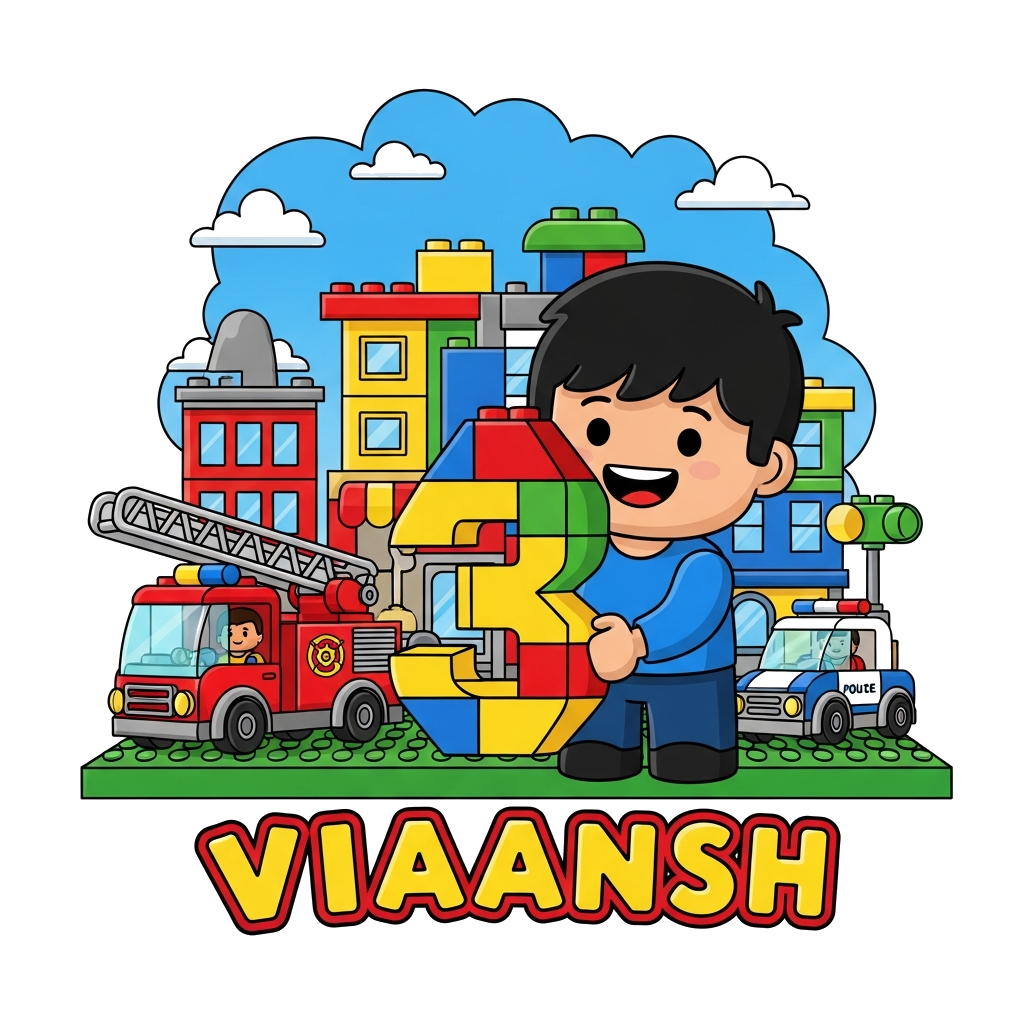 Custom design: A vibrant cartoon illustration of a bustling Lego City scene with a friendly, smiling character resembling Viaansh (b...