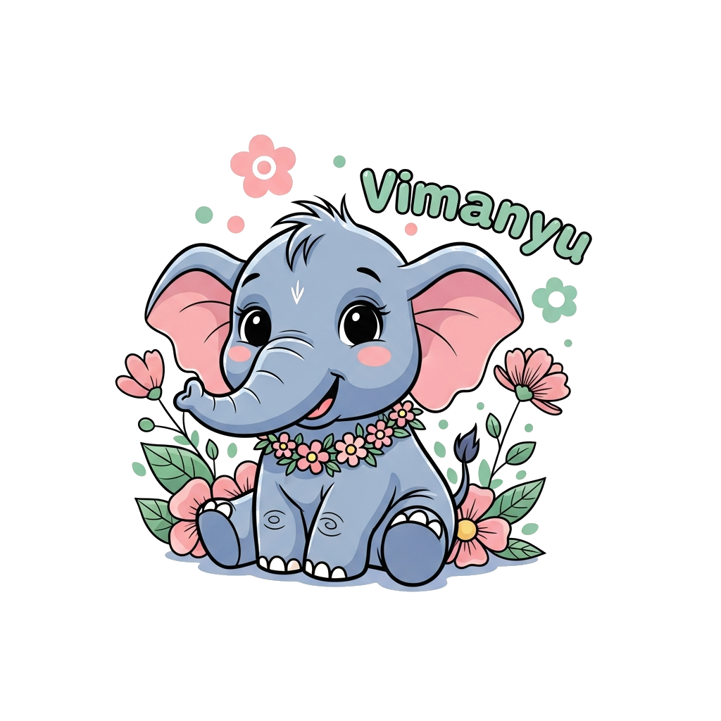 Custom design: A super cute cartoon baby elephant, with big innocent eyes, wearing a tiny floral garland around its neck, sitting pl...