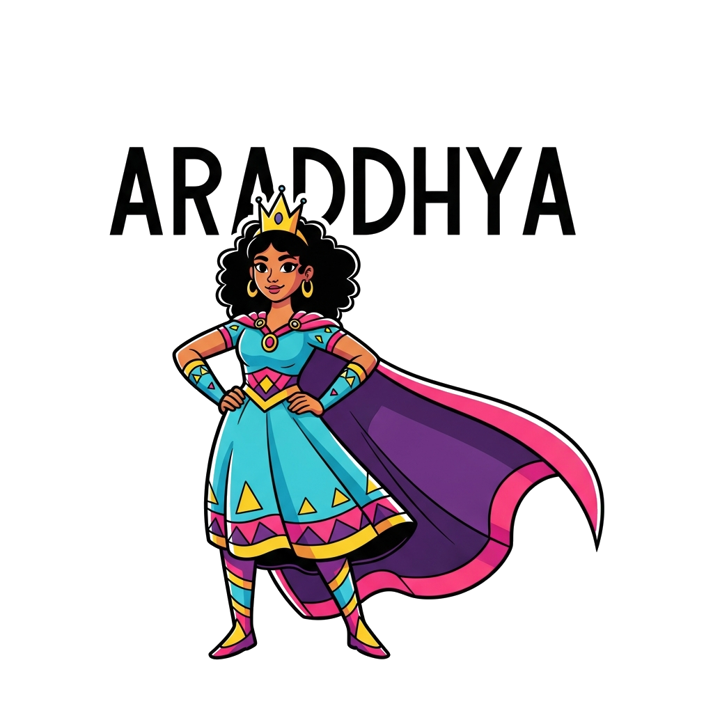 Custom design: A bold, modern illustration of a strong, diverse princess character with a flowing cape and crown, stylized with geom...