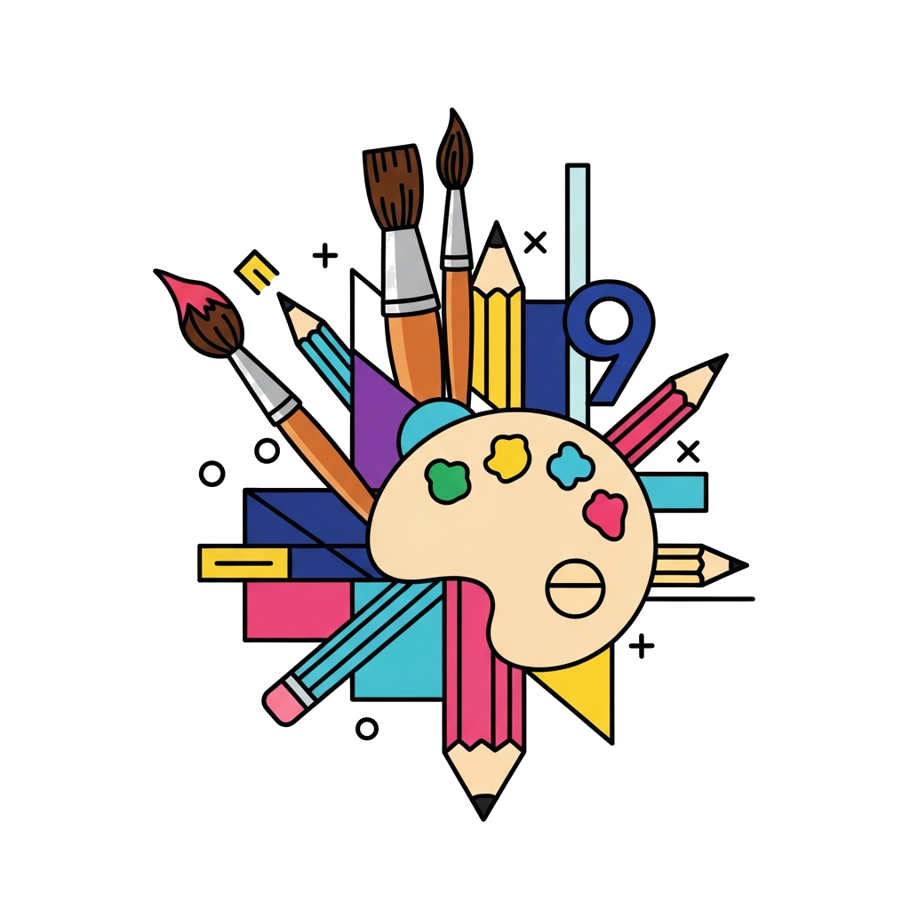 Custom design: A cool and modern abstract art illustration featuring stylized paint brushes, pencils, and a palette arranged with ge...