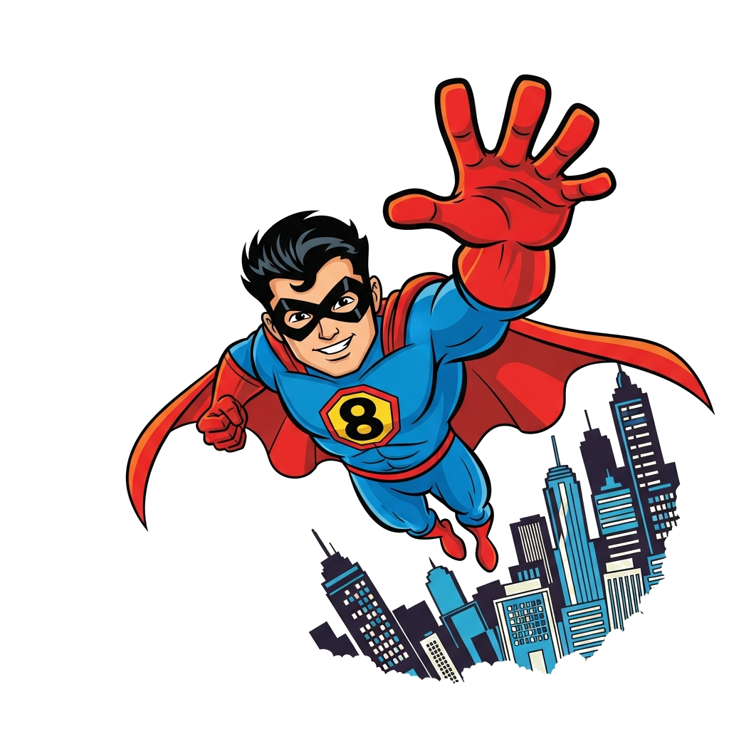 Custom design: A dynamic cartoon illustration of a superhero character, reminiscent of popular Indian comics, flying through a city ...