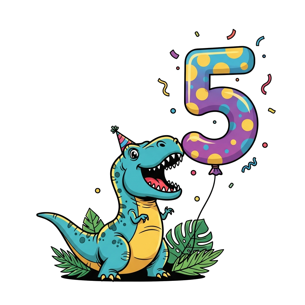 Custom design: A cheerful cartoon T-Rex wearing a tiny party hat, roaring happily next to a large, colorful balloon shaped like the ...