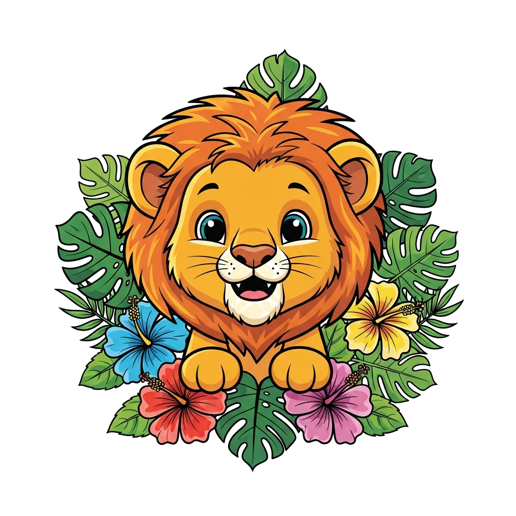 Custom design: A super cute, friendly cartoon lion cub with a fluffy mane, smiling brightly amidst lush green jungle leaves and colo...